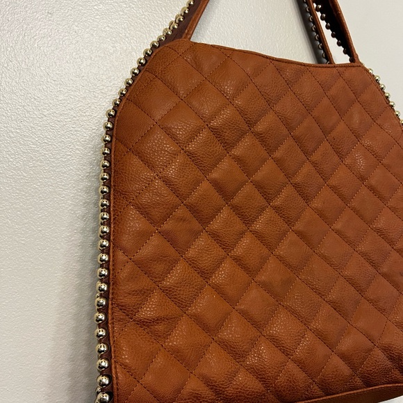 Big Buddha Large Quilted Tan Shoulder Bag Gold Beads Striped Interior Lining - Picture 2 of 7